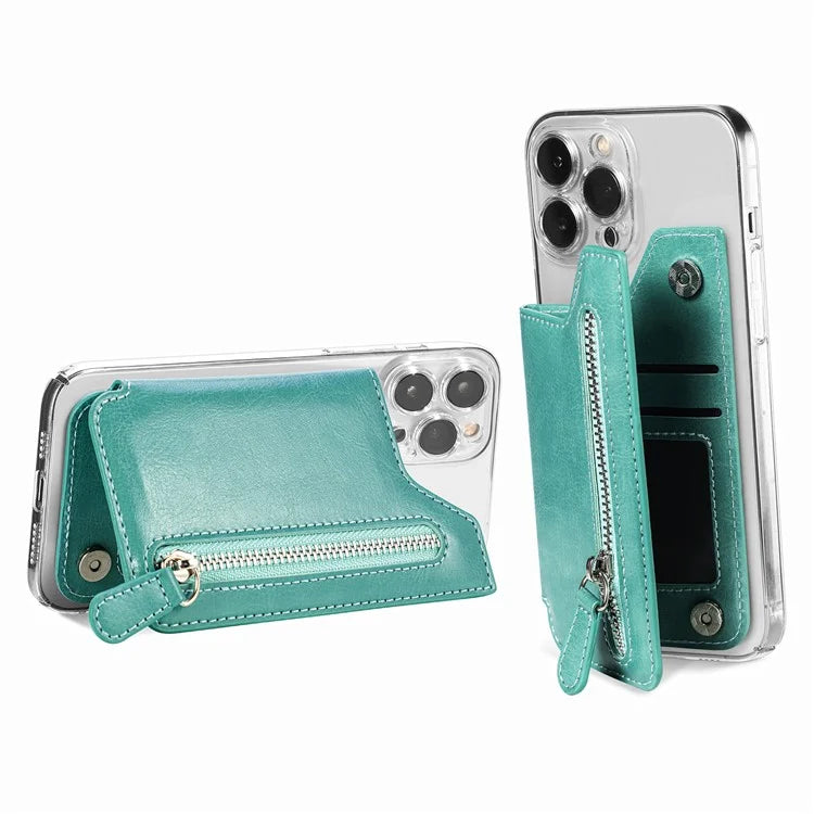 Phone Zipper Wallet Card Bag PU Leather Adhesive Kickstand Card Holder