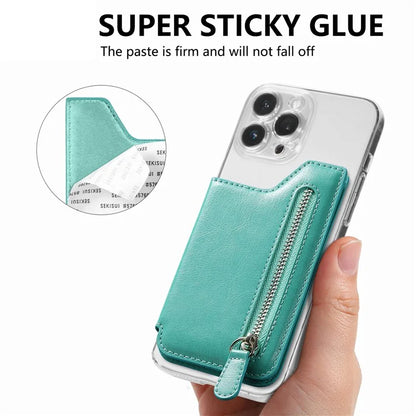 Phone Zipper Wallet Card Bag PU Leather Adhesive Kickstand Card Holder