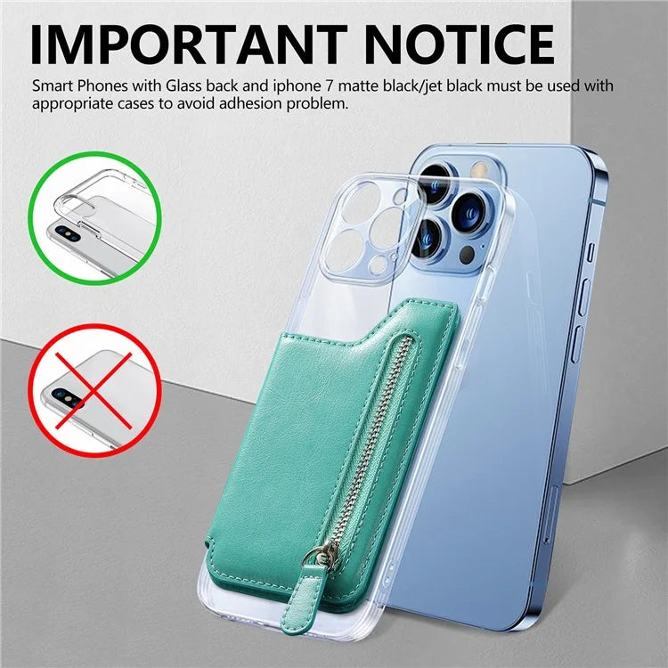 Phone Zipper Wallet Card Bag PU Leather Adhesive Kickstand Card Holder