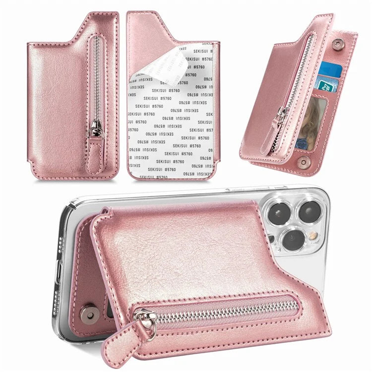 Phone Zipper Wallet Card Bag PU Leather Adhesive Kickstand Card Holder