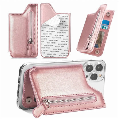 Phone Zipper Wallet Card Bag PU Leather Adhesive Kickstand Card Holder