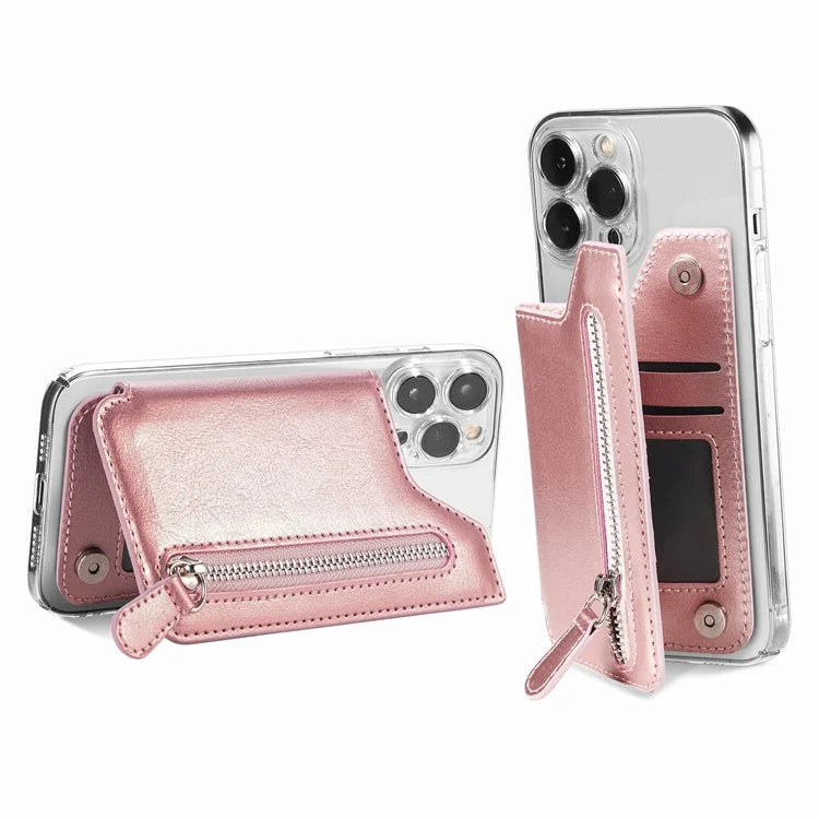 Phone Zipper Wallet Card Bag PU Leather Adhesive Kickstand Card Holder