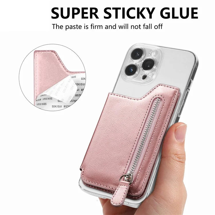 Phone Zipper Wallet Card Bag PU Leather Adhesive Kickstand Card Holder