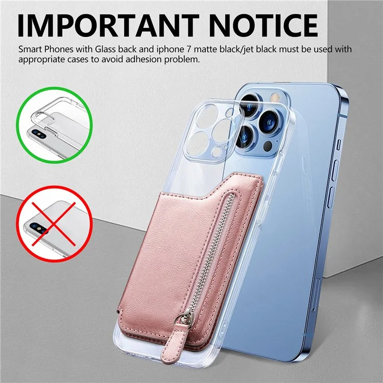 Phone Zipper Wallet Card Bag PU Leather Adhesive Kickstand Card Holder