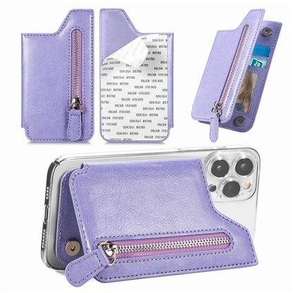 Phone Zipper Wallet Card Bag PU Leather Adhesive Kickstand Card Holder