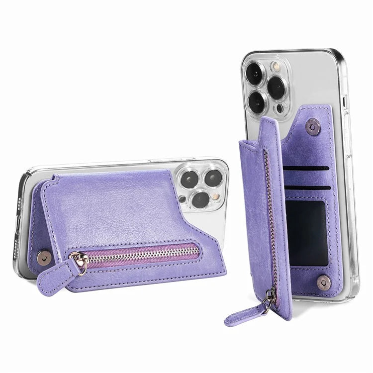 Phone Zipper Wallet Card Bag PU Leather Adhesive Kickstand Card Holder