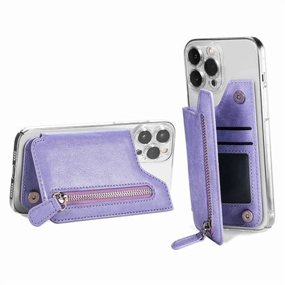 Phone Zipper Wallet Card Bag PU Leather Adhesive Kickstand Card Holder