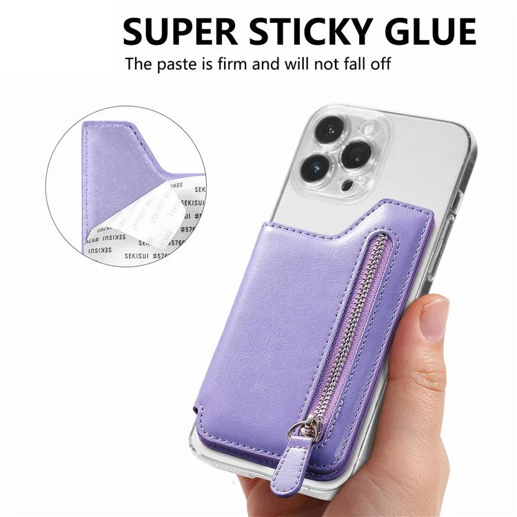 Phone Zipper Wallet Card Bag PU Leather Adhesive Kickstand Card Holder