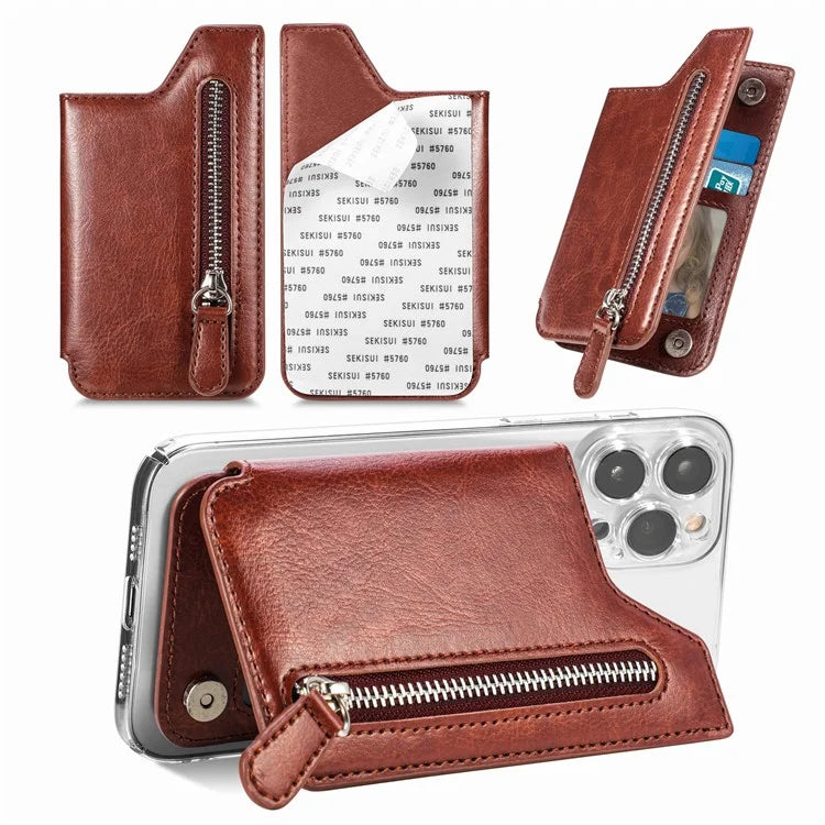 Phone Zipper Wallet Card Bag PU Leather Adhesive Kickstand Card Holder
