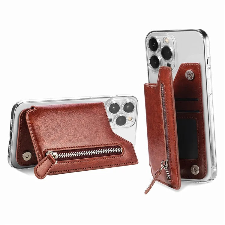 Phone Zipper Wallet Card Bag PU Leather Adhesive Kickstand Card Holder