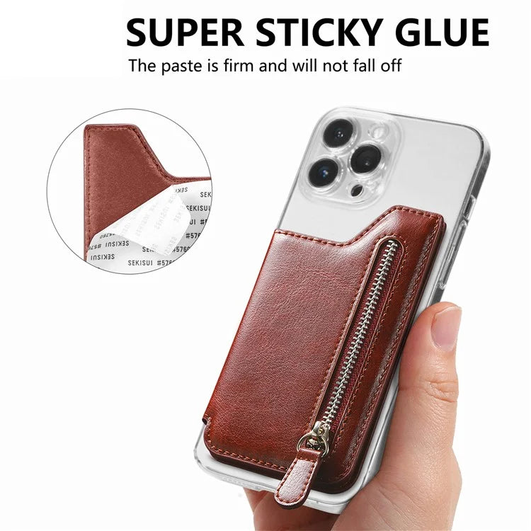Phone Zipper Wallet Card Bag PU Leather Adhesive Kickstand Card Holder