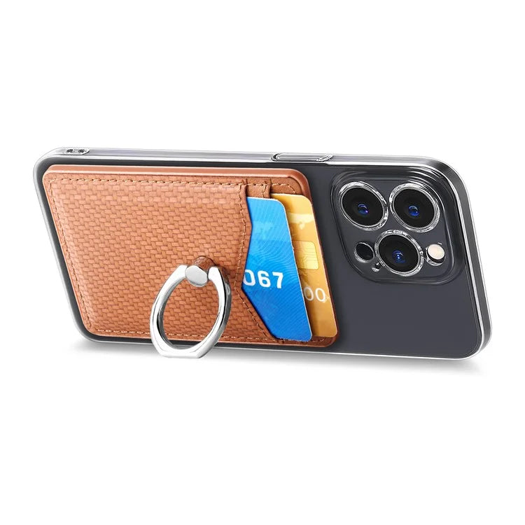 Adhesive Card Holder Carbon Fiber Texture Ring Kickstand Leather Card Bag
