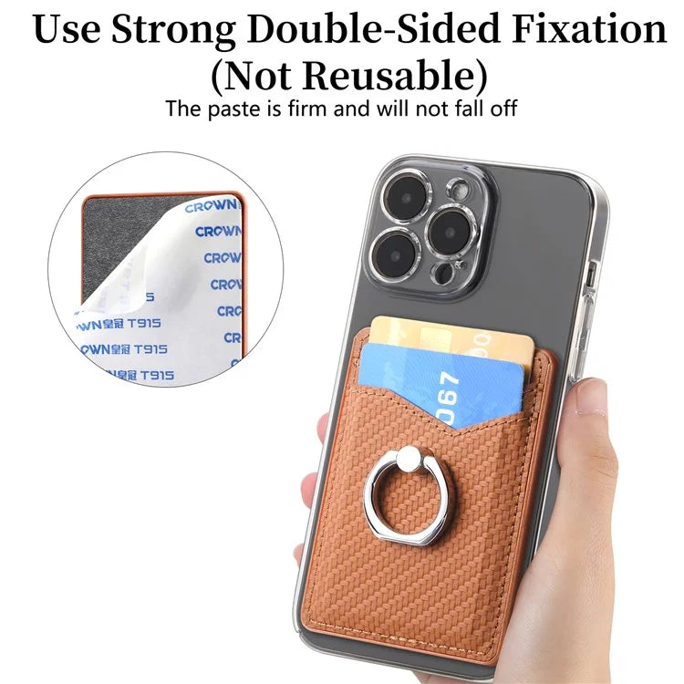 Adhesive Card Holder Carbon Fiber Texture Ring Kickstand Leather Card Bag