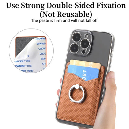 Adhesive Card Holder Carbon Fiber Texture Ring Kickstand Leather Card Bag