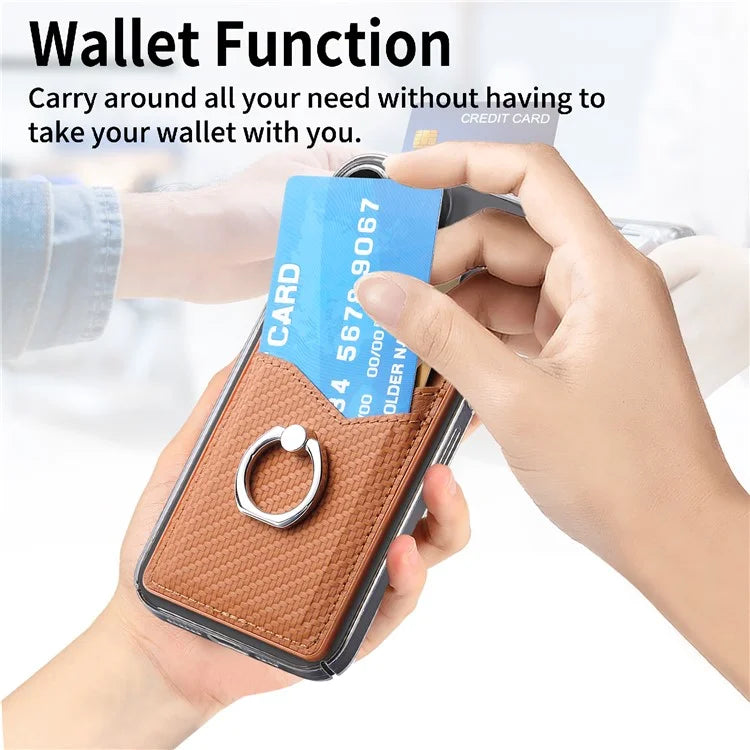 Adhesive Card Holder Carbon Fiber Texture Ring Kickstand Leather Card Bag