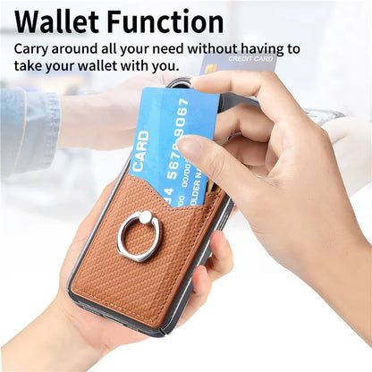 Adhesive Card Holder Carbon Fiber Texture Ring Kickstand Leather Card Bag