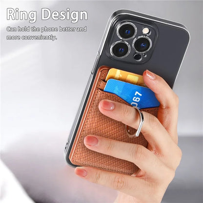 Adhesive Card Holder Carbon Fiber Texture Ring Kickstand Leather Card Bag