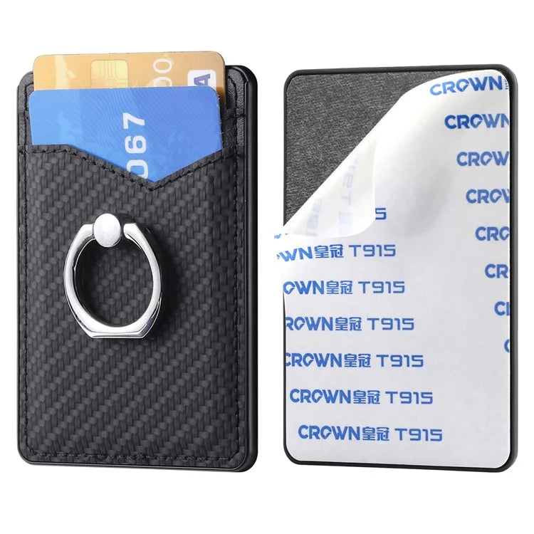 Adhesive Card Holder Carbon Fiber Texture Ring Kickstand Leather Card Bag