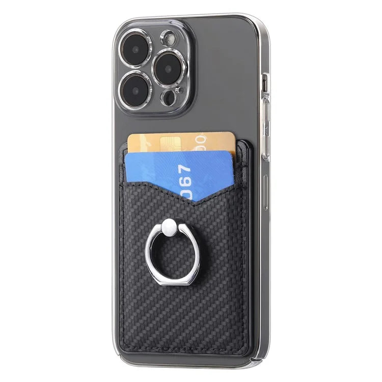 Adhesive Card Holder Carbon Fiber Texture Ring Kickstand Leather Card Bag