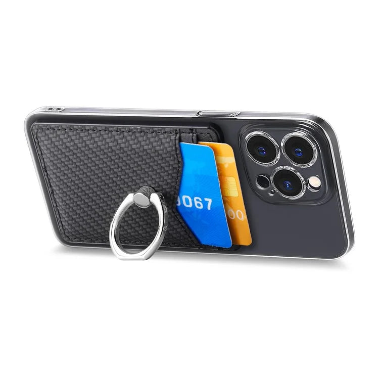 Adhesive Card Holder Carbon Fiber Texture Ring Kickstand Leather Card Bag