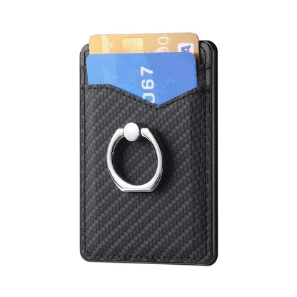 Adhesive Card Holder Carbon Fiber Texture Ring Kickstand Leather Card Bag