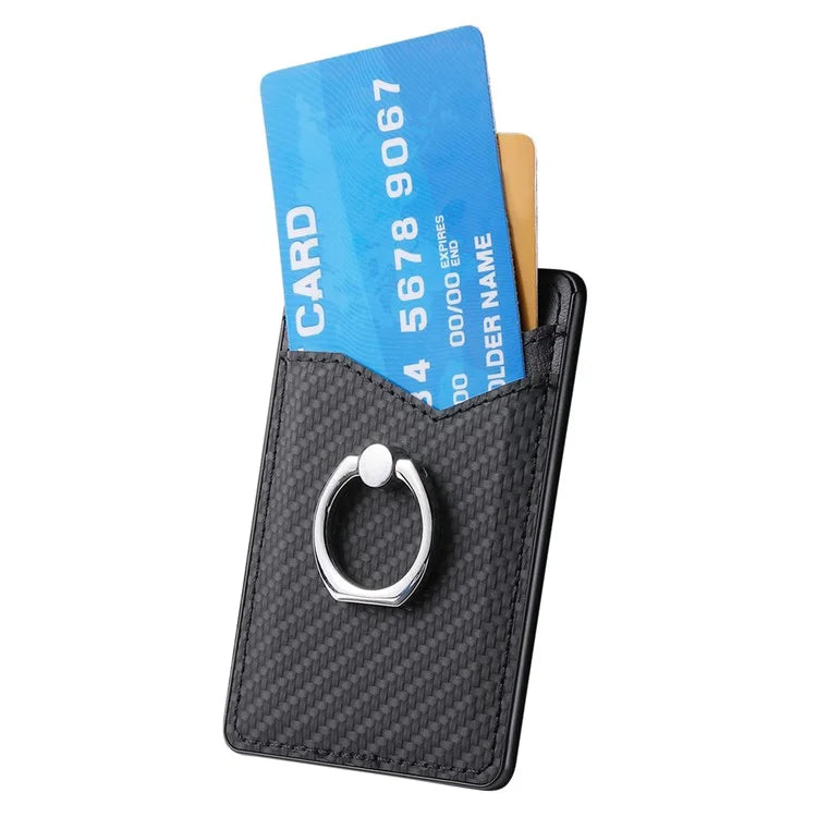 Adhesive Card Holder Carbon Fiber Texture Ring Kickstand Leather Card Bag