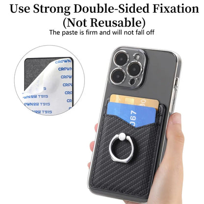 Adhesive Card Holder Carbon Fiber Texture Ring Kickstand Leather Card Bag