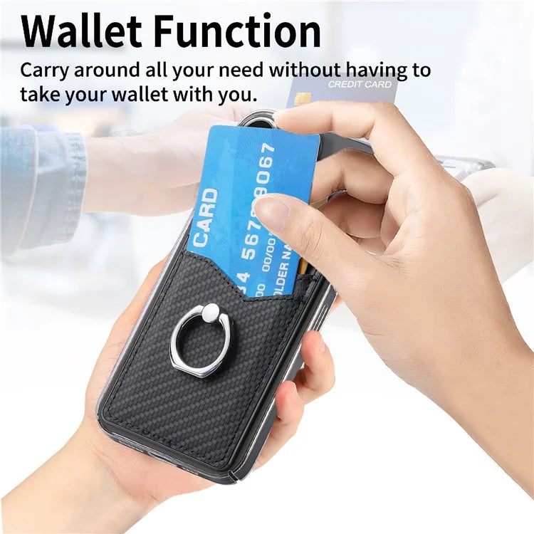 Adhesive Card Holder Carbon Fiber Texture Ring Kickstand Leather Card Bag