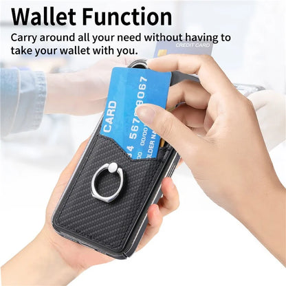 Adhesive Card Holder Carbon Fiber Texture Ring Kickstand Leather Card Bag