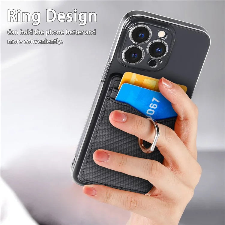 Adhesive Card Holder Carbon Fiber Texture Ring Kickstand Leather Card Bag