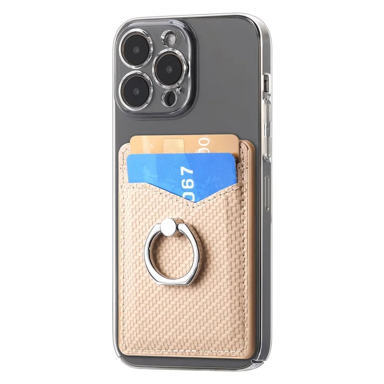 Adhesive Card Holder Carbon Fiber Texture Ring Kickstand Leather Card Bag