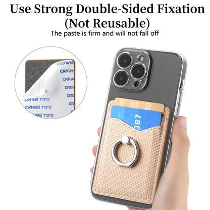 Adhesive Card Holder Carbon Fiber Texture Ring Kickstand Leather Card Bag