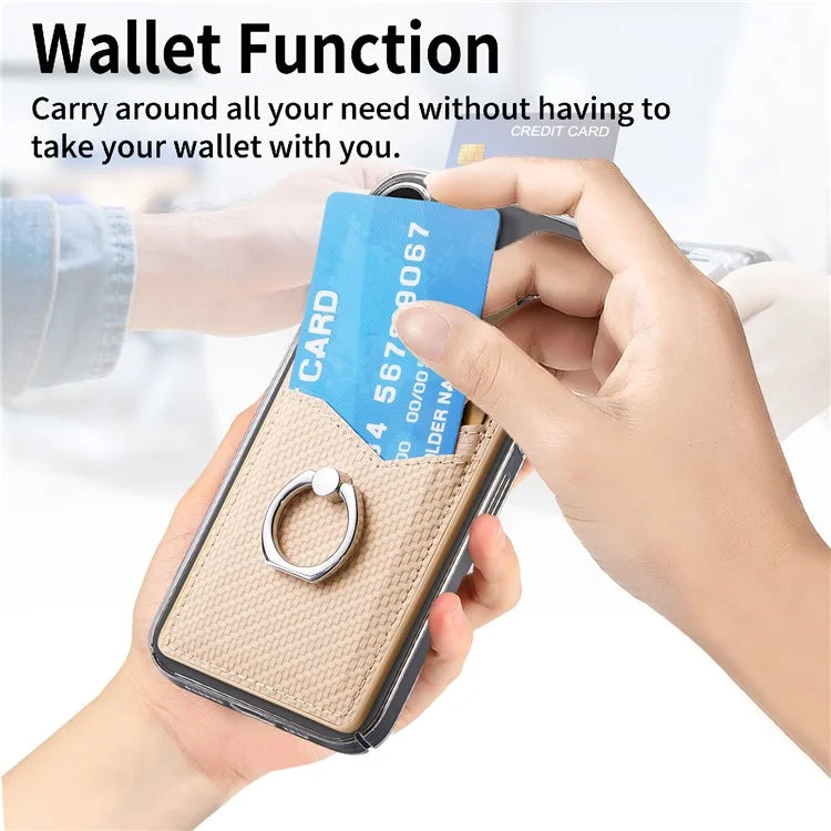 Adhesive Card Holder Carbon Fiber Texture Ring Kickstand Leather Card Bag