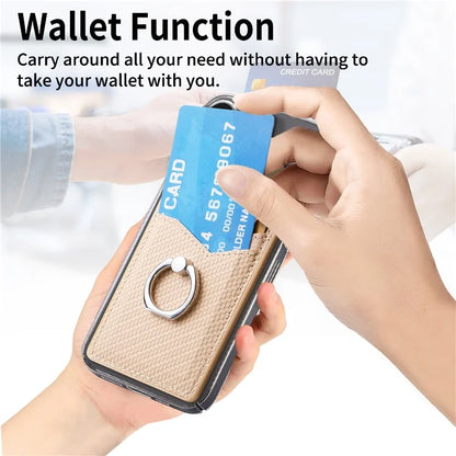 Adhesive Card Holder Carbon Fiber Texture Ring Kickstand Leather Card Bag
