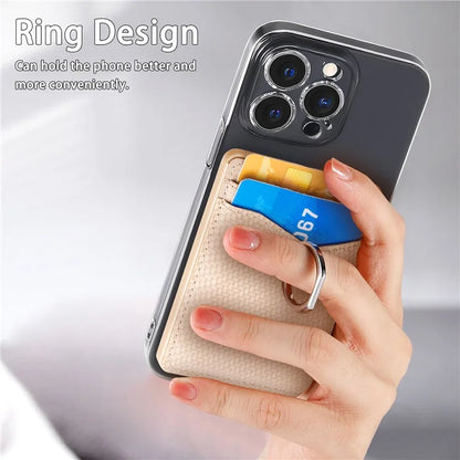 Adhesive Card Holder Carbon Fiber Texture Ring Kickstand Leather Card Bag