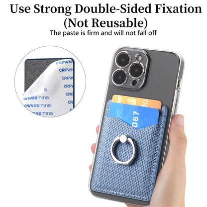 Adhesive Card Holder Carbon Fiber Texture Ring Kickstand Leather Card Bag