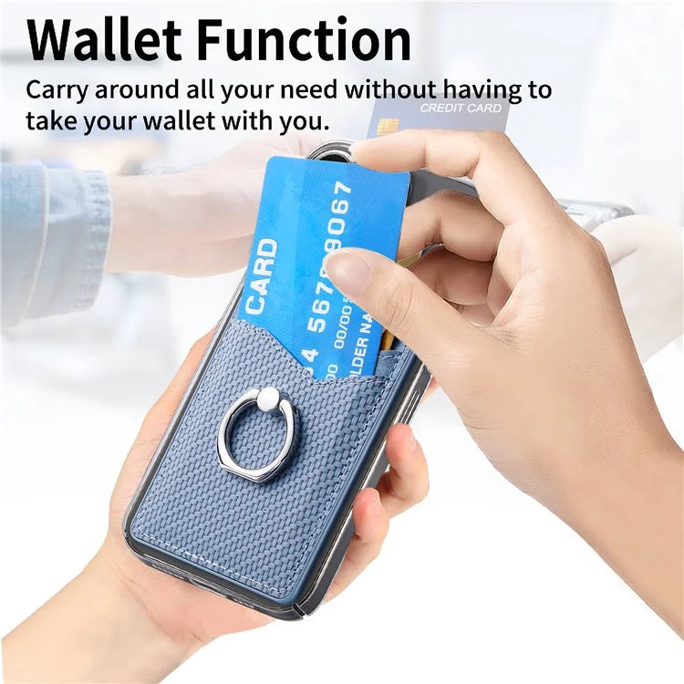 Adhesive Card Holder Carbon Fiber Texture Ring Kickstand Leather Card Bag