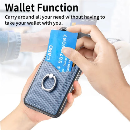 Adhesive Card Holder Carbon Fiber Texture Ring Kickstand Leather Card Bag