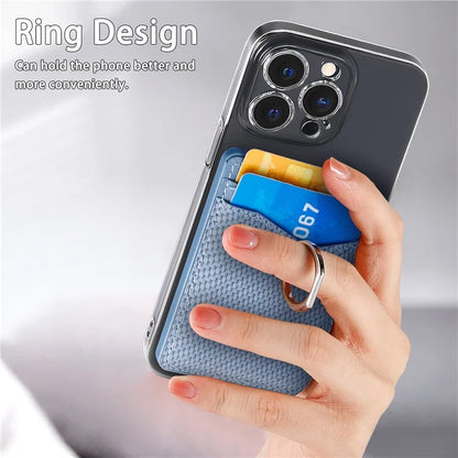 Adhesive Card Holder Carbon Fiber Texture Ring Kickstand Leather Card Bag