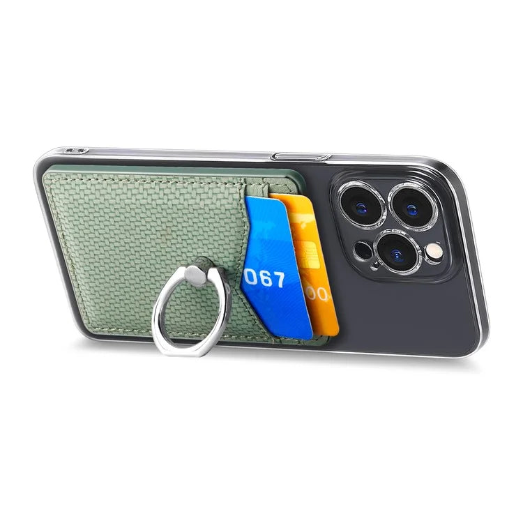 Adhesive Card Holder Carbon Fiber Texture Ring Kickstand Leather Card Bag