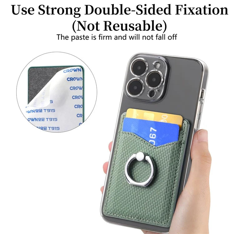Adhesive Card Holder Carbon Fiber Texture Ring Kickstand Leather Card Bag