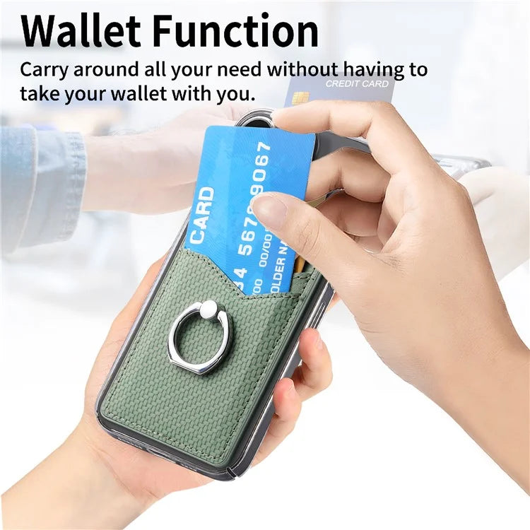 Adhesive Card Holder Carbon Fiber Texture Ring Kickstand Leather Card Bag