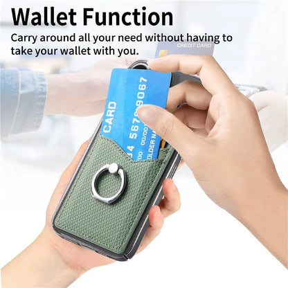 Adhesive Card Holder Carbon Fiber Texture Ring Kickstand Leather Card Bag
