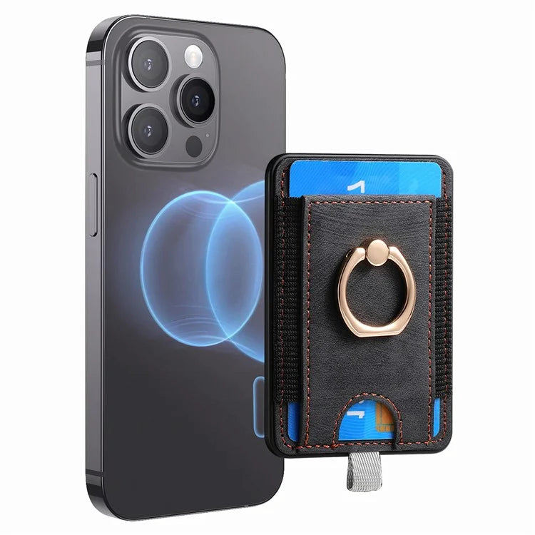 Magnetic Card Holder Ring Kickstand Retro Texture PU Leather Card Bag