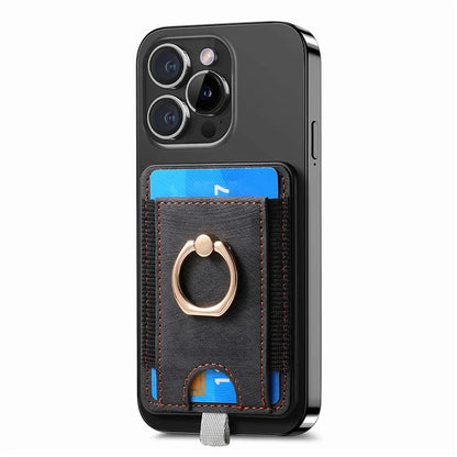 Magnetic Card Holder Ring Kickstand Retro Texture PU Leather Card Bag