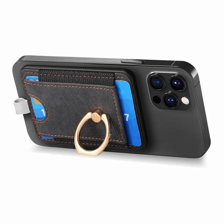Magnetic Card Holder Ring Kickstand Retro Texture PU Leather Card Bag