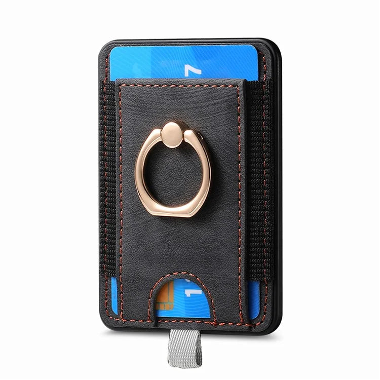 Magnetic Card Holder Ring Kickstand Retro Texture PU Leather Card Bag