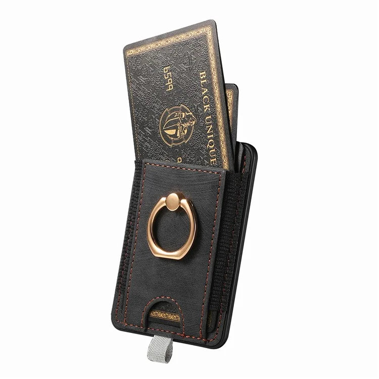 Magnetic Card Holder Ring Kickstand Retro Texture PU Leather Card Bag