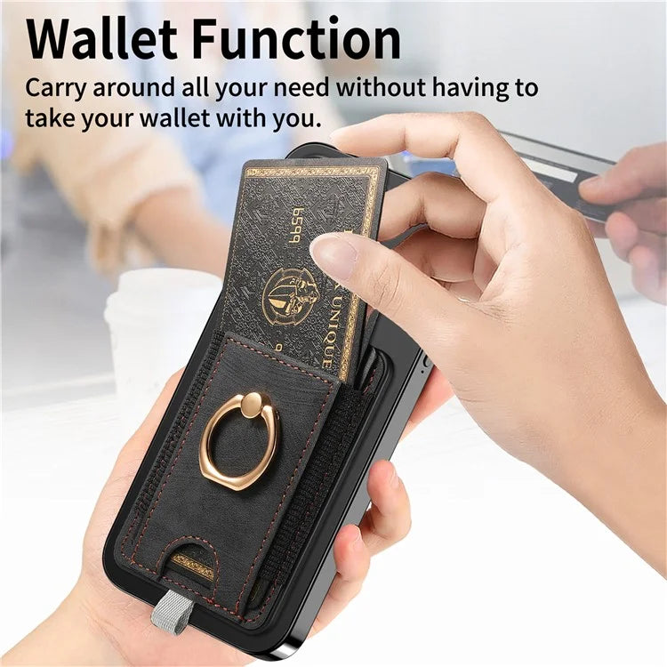 Magnetic Card Holder Ring Kickstand Retro Texture PU Leather Card Bag