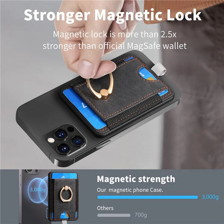 Magnetic Card Holder Ring Kickstand Retro Texture PU Leather Card Bag